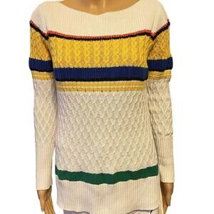 Vtg 90s Liz Claiborne Women M Cable Knit Sweater White Rainbow Pullover OldMoney